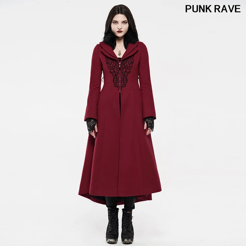 

Gothic slim women gorgeous embroidered wool coat classic high-grade Removable fur collar bind long jacket PUNK RAVE WY-1214LCF