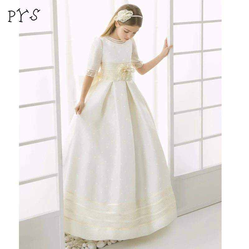 

Girls First Communion Dresses A Line Pearls Lace Half Sleeves O-Neck Flower Girl Dress for Weddings Hot Sale Vestido De Comunion