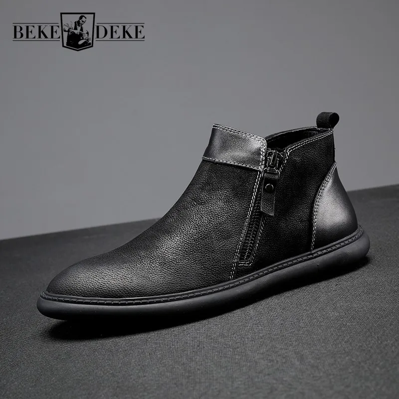 

Winter New Men Outdoor Genuine Leather Ankle Boots Zipper High Top Casual Shoes Vintage Warm Flat Trainers Zapatillas Hombre