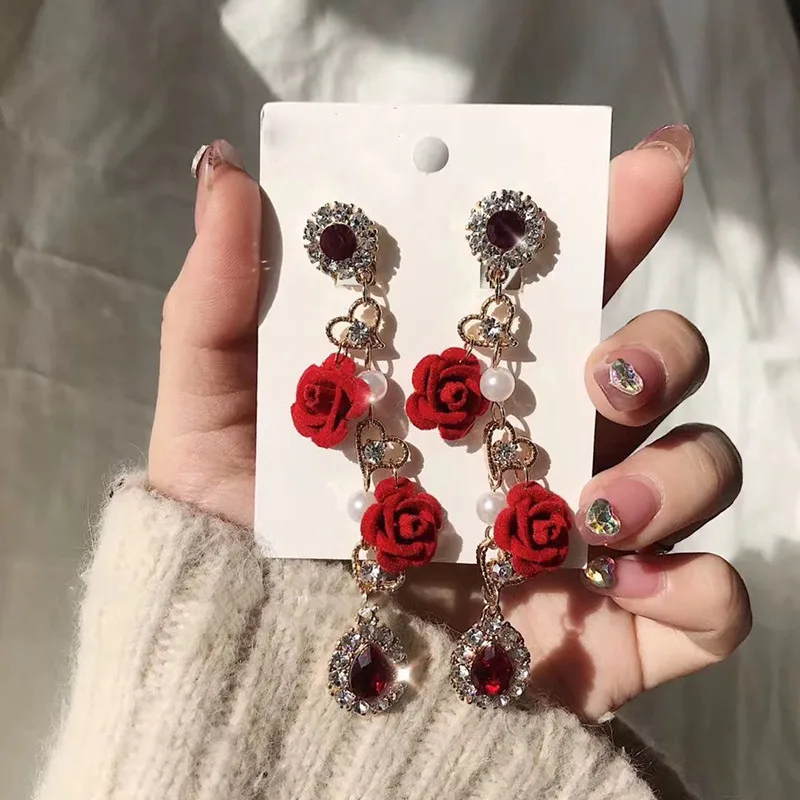 Женские серьги-подвески с кристаллами элегантные длинные серьги красной розой и