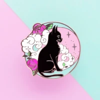 black cat on the moon hard enamel pin cute cartoon crescent flower lapel badge brooch fashion jewelry accessories unique gift