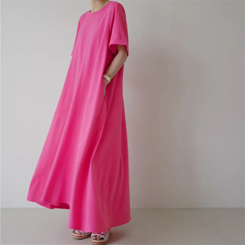 

LANMREM Summer Long Dress Pink Green Color Fashion Loose Casual Dresses Lady Elegant 2021 New Arrivals Dropshipping 2D1706