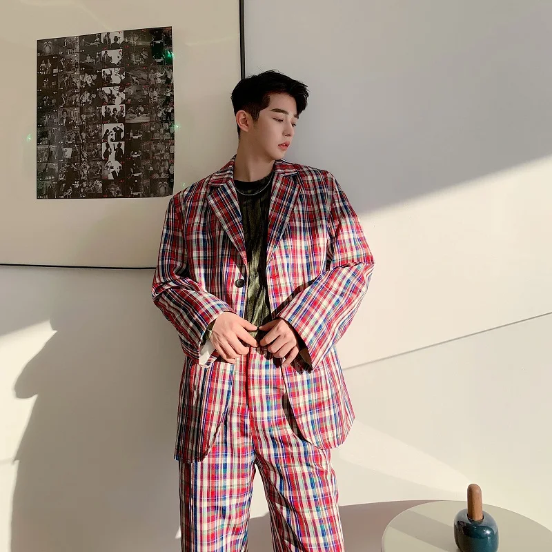 Блейзер в клетку красного и синего цвета с брюками из полиэстера | Пиджаки