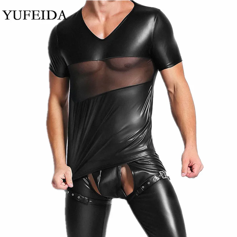 

Sexy Men Clothes Set Faux Leather Shirt Short Sleeve Tops Long Leather Pants Trousers Night Stage Dance Clubwear Men Undershirts