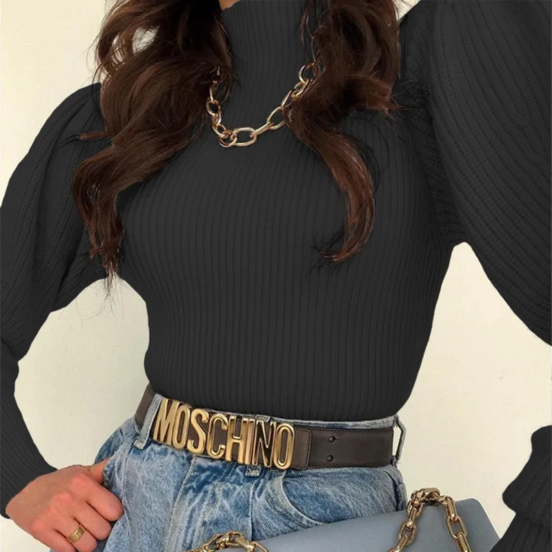 

Classic Black Women Clothes Fashion Sexy Silm T-shirt Knitted Turtleneck Long-sleeve Autumn Warm for Ladies Cropped Streetwear