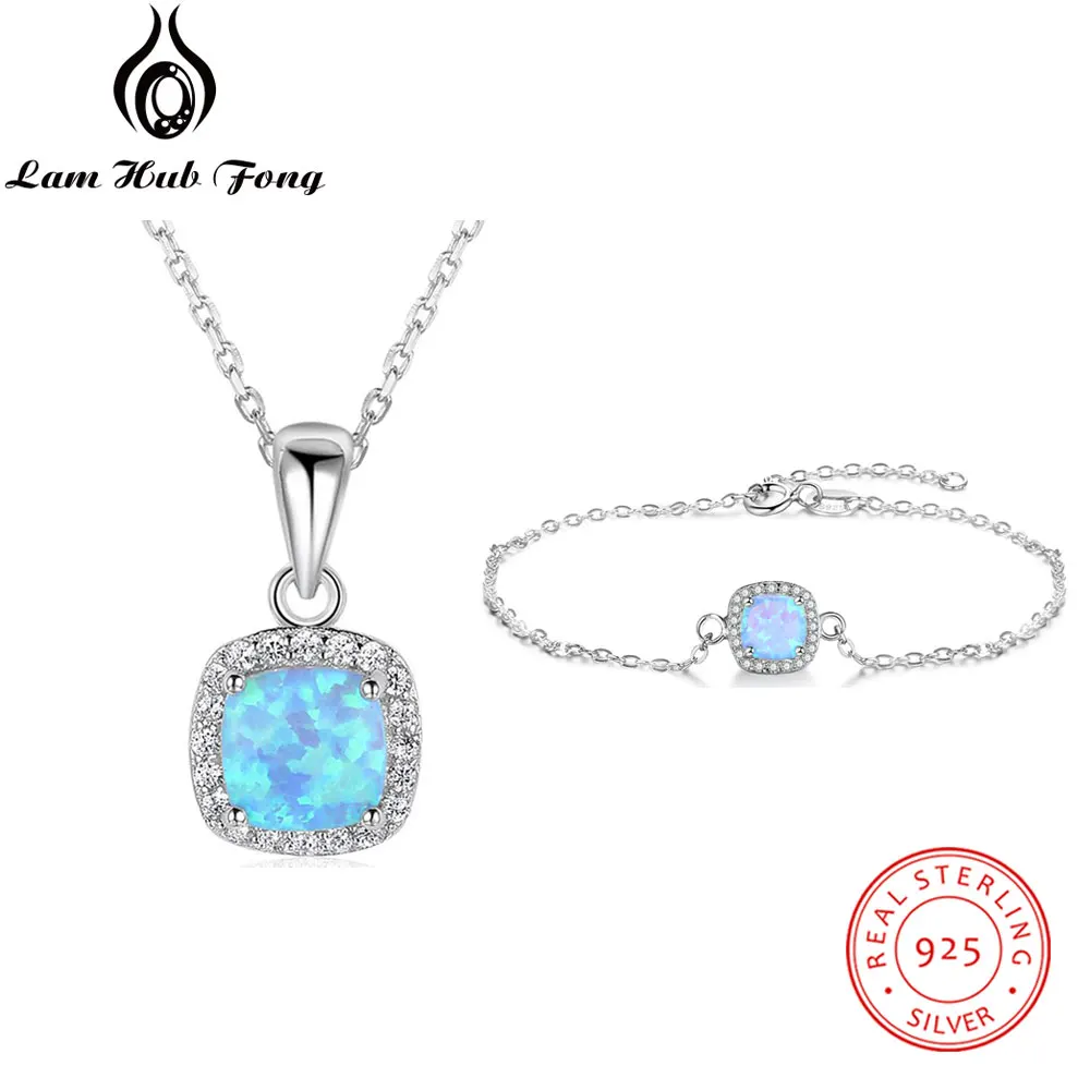 

Jewelry Sets for Women 925 Sterling Silver Square Blue Opal Necklace Bracelet Cubic Zirconia Wedding Jewelry Sets (Lam Hub Fong)