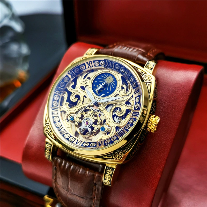 Augulas genuine automatic mechanical watch hollow through the bottom luminous moon phase leather casual watch men's blue light