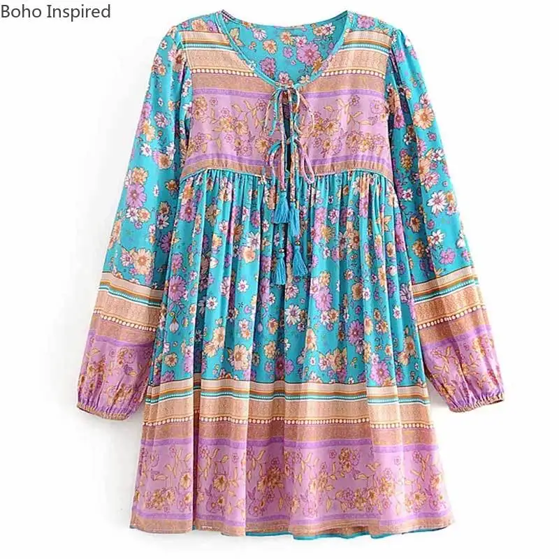 Бохо Вдохновленный цветочный пляж туника короткое платье для женщин 2020 хлопок