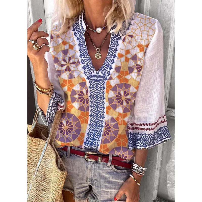 

2021 fashion new style three-quarter sleeves V-neck printed casual loose shirt top for ladies
