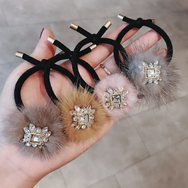 

Fur Rhinestone Autumn Winter Elastic Hair Ties Band for Woman Girl Fashion Korean Mujer Accessories Hyuna Wholesale Dropshipping