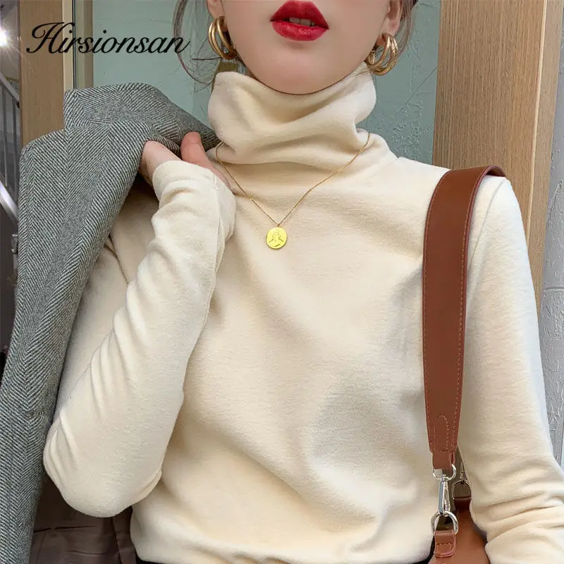 

Hirsionsan Padded Long Sleeve T Shirt Women 2020 New Winter Solid Basic Turtleneck Skinny Bottoming Tops Slim Sexy Female Jumper