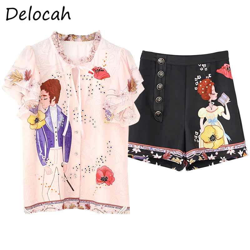 

Delocah Summer Women Fashion RunwayShorts Set Butterfly Sleeve Chiffon Printed Blouses + High Waist Shorts 2 TwoPiecesSuits