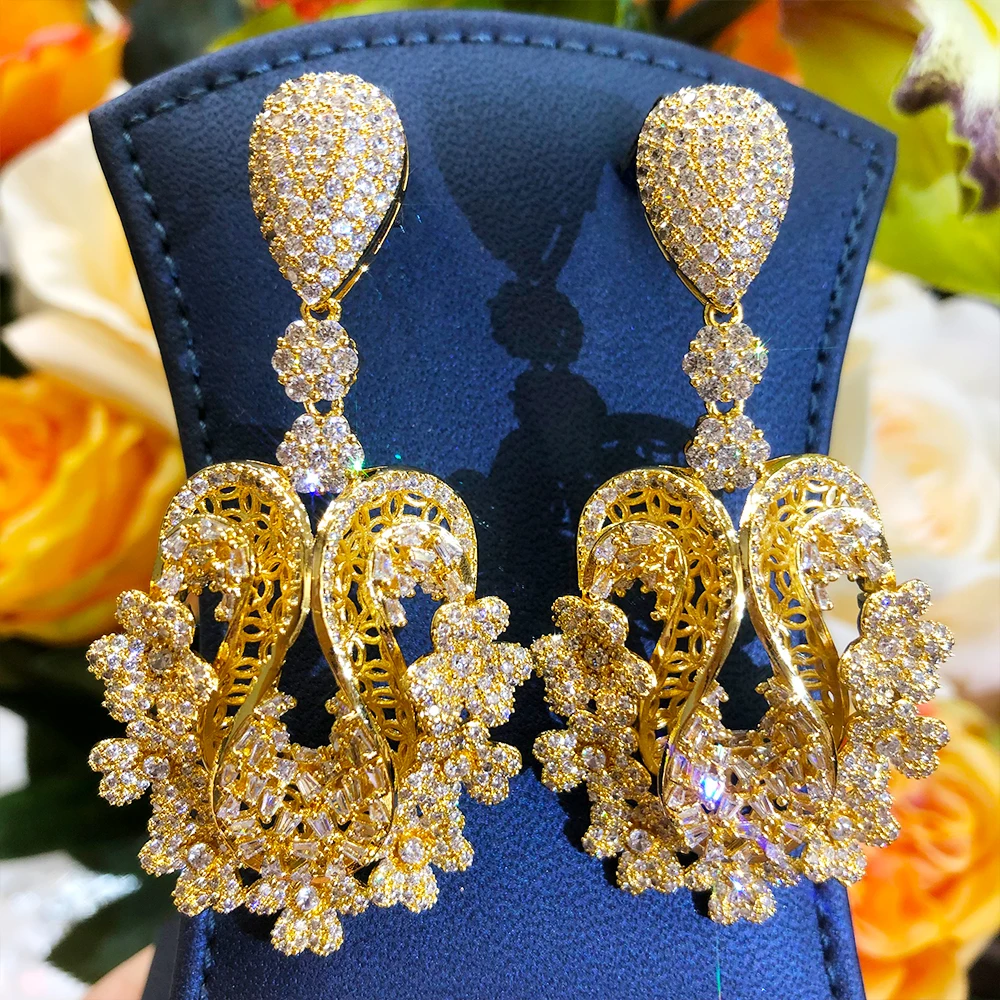 

Blachette Luxury Shining Zircon Flower Cluster Pendant Earrings Women's Wedding Banquet Daily Dubai Africa High Quality Jewelry