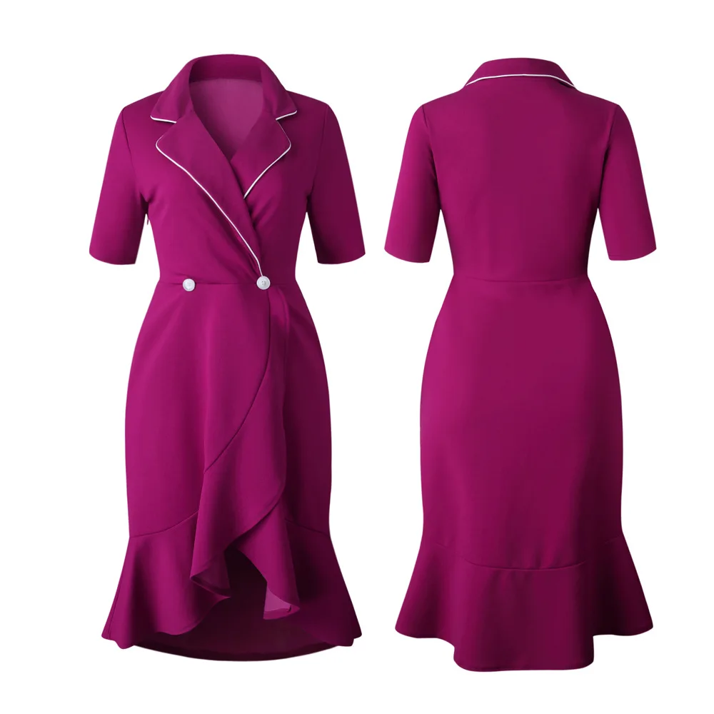 

2020 Spring Women Dresses Africa Clothing Expansion Asymmetrical Office Lady Dresses Solid Mid-Calf Button Short V-Neck Dresses