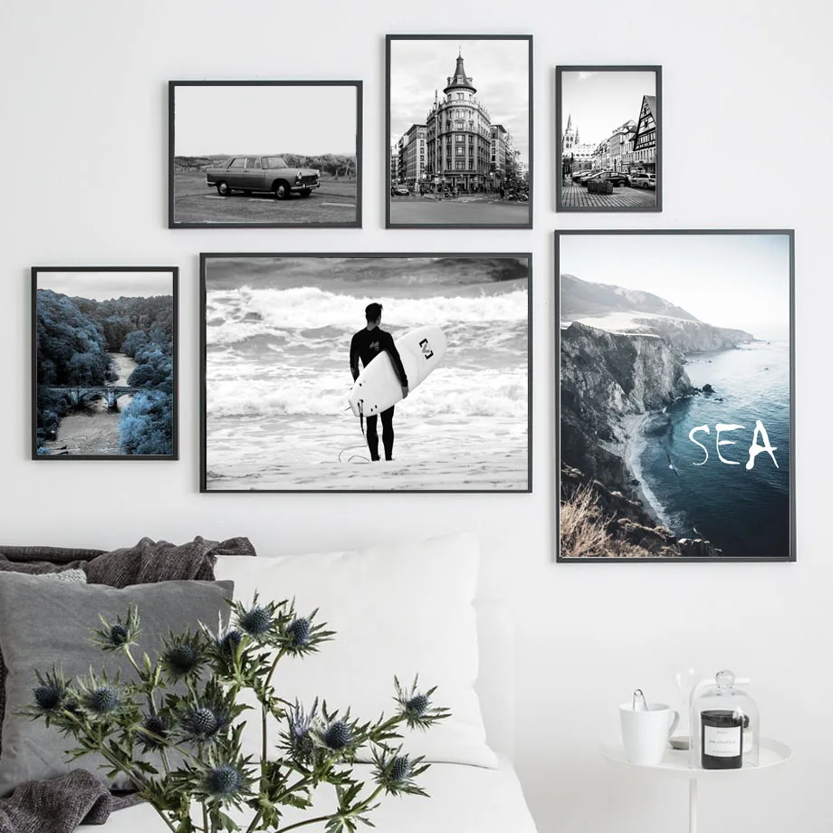 Винтажное здание для серфинга человек пляж лес настенное искусство холст