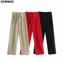 flowing wide leg trousers 2021 autumn fashion loose fitting high waist elastic waistband trousers for women casual tie pants