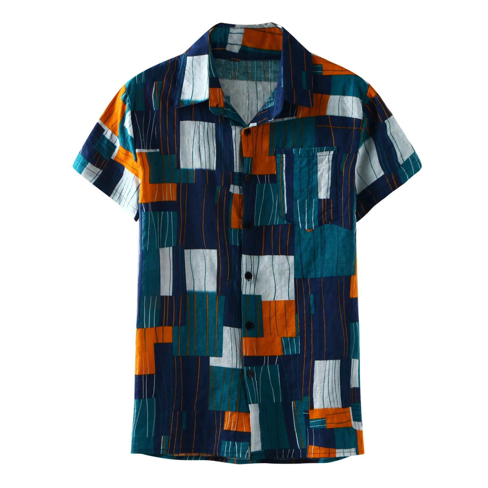 

Гавайская рубашка для мужчин, хлопково-льняная одежда с цветным блочным принтом, рубашка с короткими рукавами на пуговицах, Свободный Топ, П...