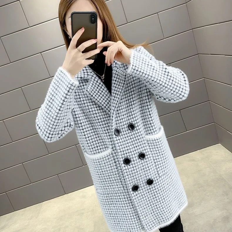 Женский Длинный мохеровый кардиган в клетку осенняя вязаная куртка из меха норки