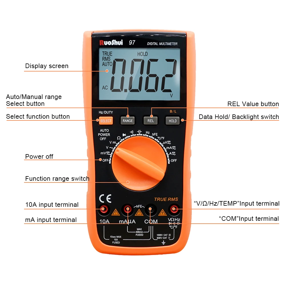 Цифровой мультиметр RuoShui 97 ЖК-мультиметр с автоматическим выбором диапазона True RMS