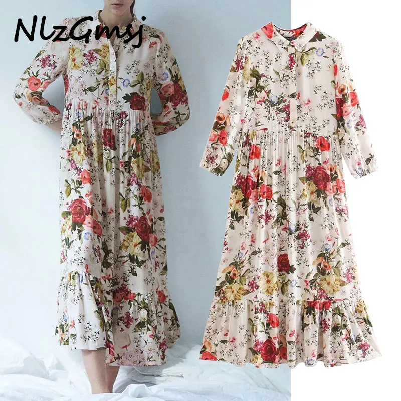 

Женское длинное платье-рубашка с цветочным принтом и длинным рукавом, осень 2020