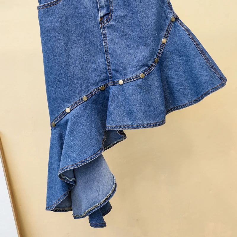 

2021 Summer Korean Style Female Irregular Ruffles Denim Skirt Women's High Waist Package Hip Asymmetrical Jean Mermaid Skirts