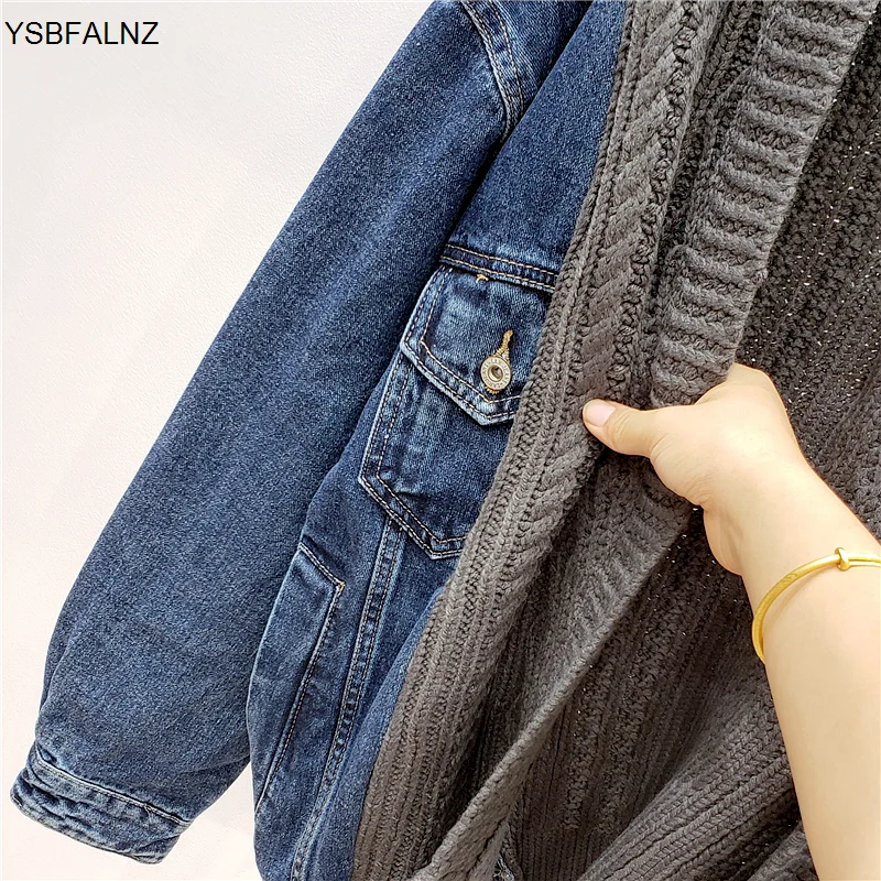

Spring Autumn Fad Loose Sweater Stitching Denim Coat Women's Long Sleeve Knitted Cardigan Korea Jacket Women Large Size Clothes
