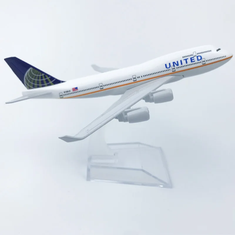 Модель самолета United Airlines B747 16 см с основанием из сплава для коллекционирования
