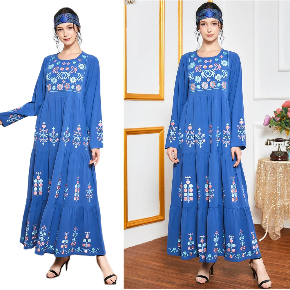 

Женское платье с синей вышивкой, длинное этническое винтажное платье-абайя в мусульманском стиле джилбаб Рамадан, турецкое платье макси, пр...