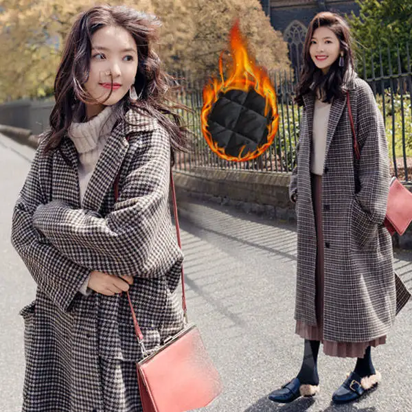 

Winter Women Padded Plaid Woolen Coat Female Long Houndstooth Wool Coat manteau long en laine casaco feminino