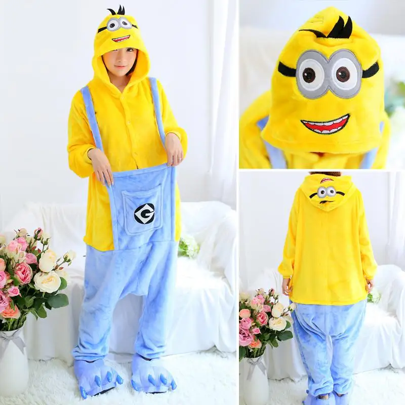 Minion FL Пижамы для взрослых, Женские Фланелевые пижамы, кигуруми, единорог, Ститч, тигр, Тоторо, Мультяшные животные, пижамные комплекты, пижамы с капюшоном - Цвет: Minion FL