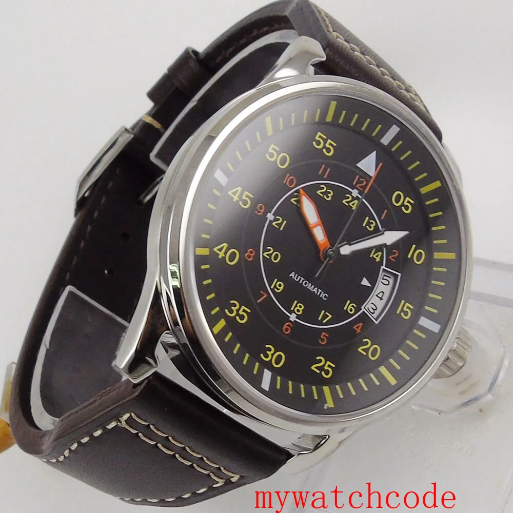 44 мм черный циферблат 24 часа желтые отметки окно даты автоматическое движение
