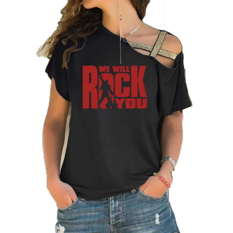 We Will Rock You, женская футболка, летняя, queen, рок-группа, футболка, короткий рукав, хлопок, рок-ролл, для женщин, с неровным перекосом, крест, топы - Цвет: 2