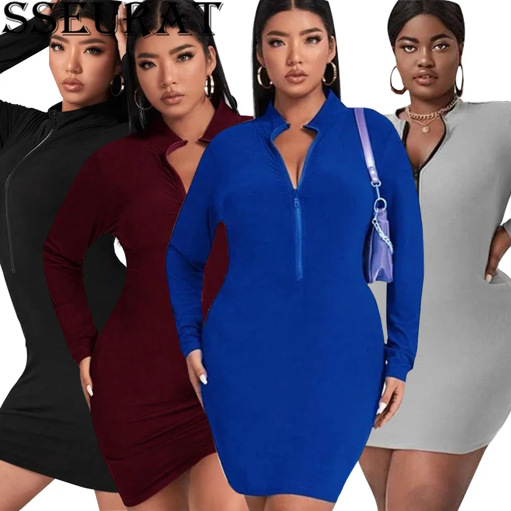 

SSEURAT Women Plus Size Dress Autumn Sexy Solid Long Sleeve Zipper Stretchy Bodycon Mini Dresses Vestidos