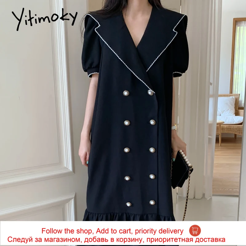 

Yitimoky Vintage Women Dress Big Turn-down Collar Contrase Color 2021 Fashion Double Breasted Puff Sleeve Loose Ruffle Dresses