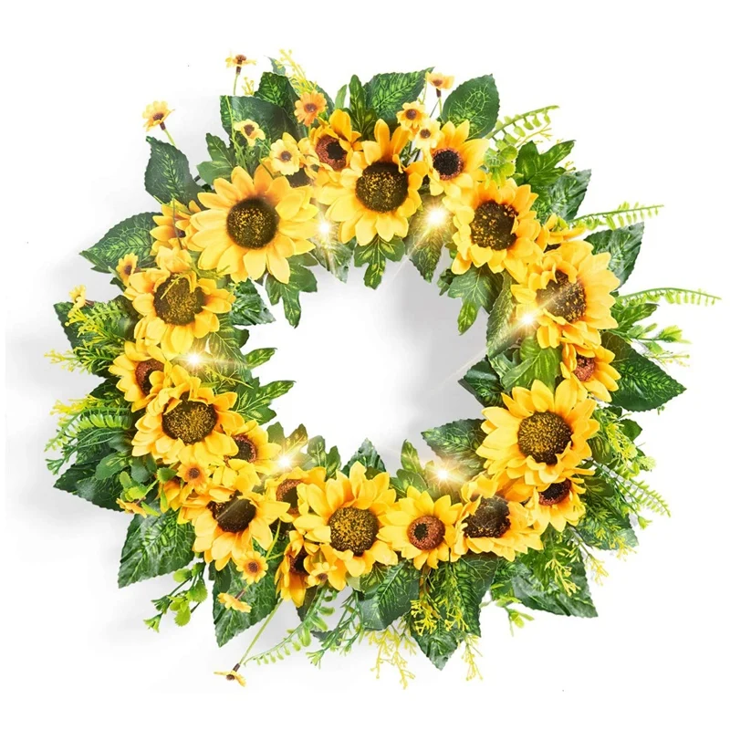 

Sunflower Wreaths For Front Door Decor 18Inch Artificial Summer Wreath With Green Leaf, Large Lighted Spring Wreath-ABUX