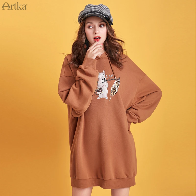 

Женский свитшот с капюшоном ARTKA, повседневный Длинный свитшот большого размера с мультяшным принтом, VA15191Q, осень 2019