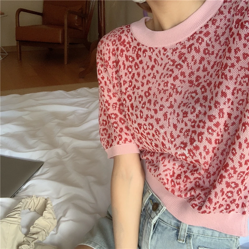 

2021 Summer Knitted T-shirt Tops Women Loose Leopard Short Crop Tees Korean Short Sleeve Casual Thin Sweaters Harajuku Shirt