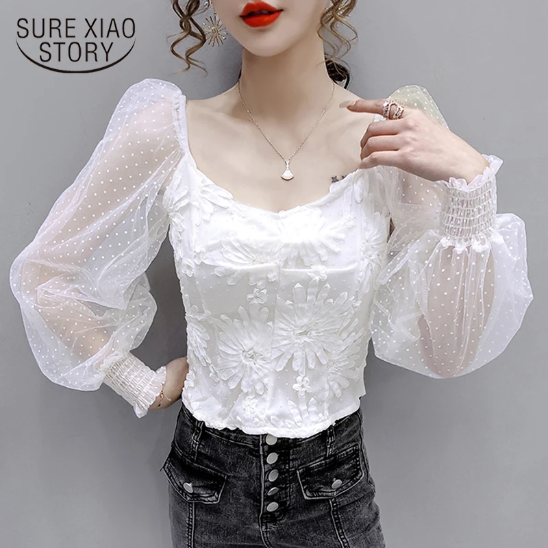 

2020 Early Autumn New Fashion Sexy Mesh Stitching Waist Hugging Slimming Lantern Sleeve Square Collar Tops Chemisier Femme 11420