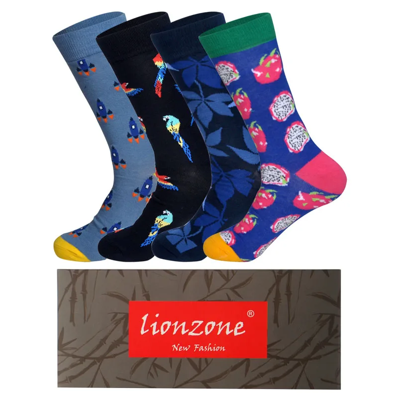 LIONZONE, 4 пар/лот, весна, Новое поступление, носки для мужчин, художественный стиль, уличная мода, хип-хоп дизайн, счастливые носки+ Бесплатный подарок - Цвет: C6-Box