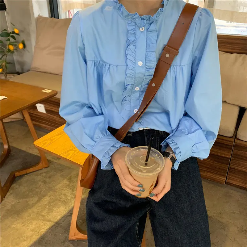 

HziriP Minimalist Blue Ruffles Stand 2021 Casual Cute Loose Office Lady Shirts Gentle Chic Sweet Elegance All-Match Blouses