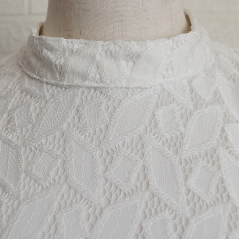 

VGH Elegant Yellow Shirts For Women Half High Collar Lantern Long Sleeve Korean Patchwork Lace Blouses Female 2021 Fashion Style