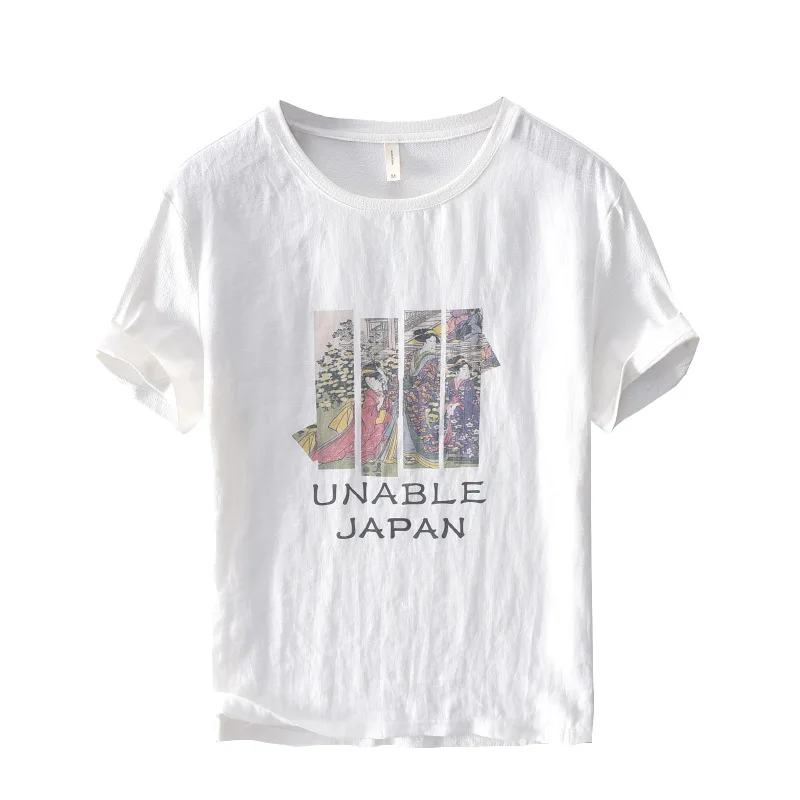 

Summer print men short sleeve o-neck casual tees for male 2021 men's linen cotton patchwork white t-shirts