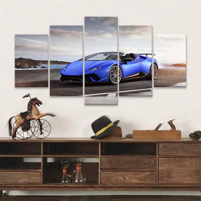 

Decorative painting blue Lamborghini Huracan convertible super car 5p seaside scenery living room office HD home decoration