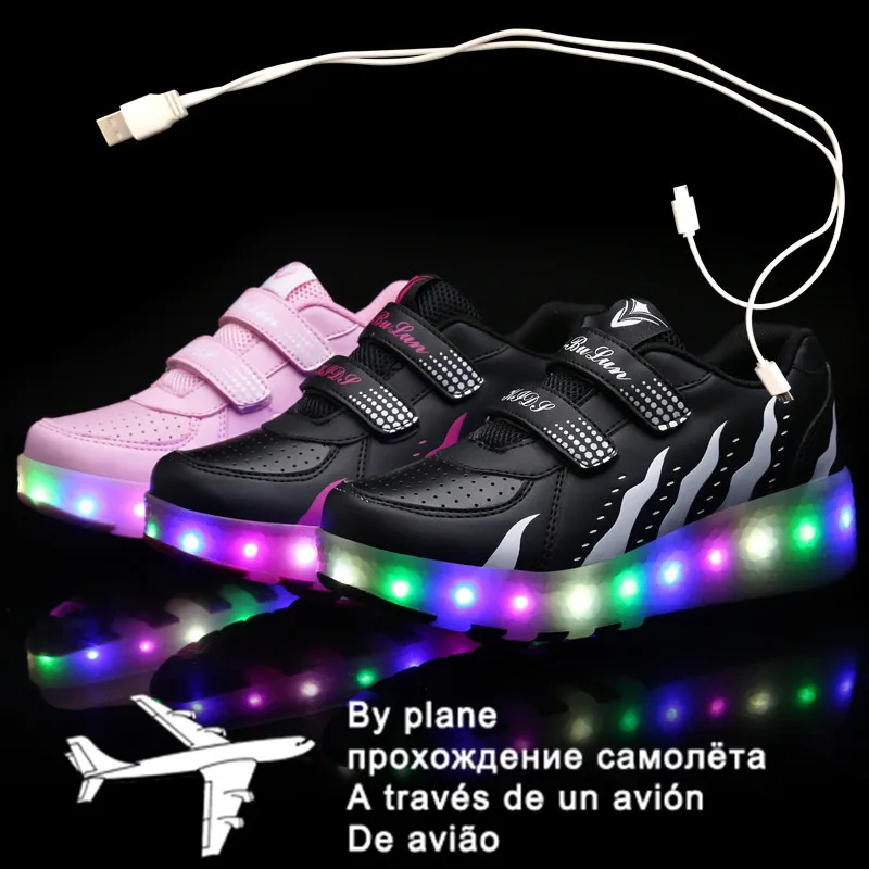 

Children Two Wheels Luminous Glowing Sneakers Black Pink Led Light Roller Skate Shoes Kids Led Shoes Boys Girls USB Charging 43