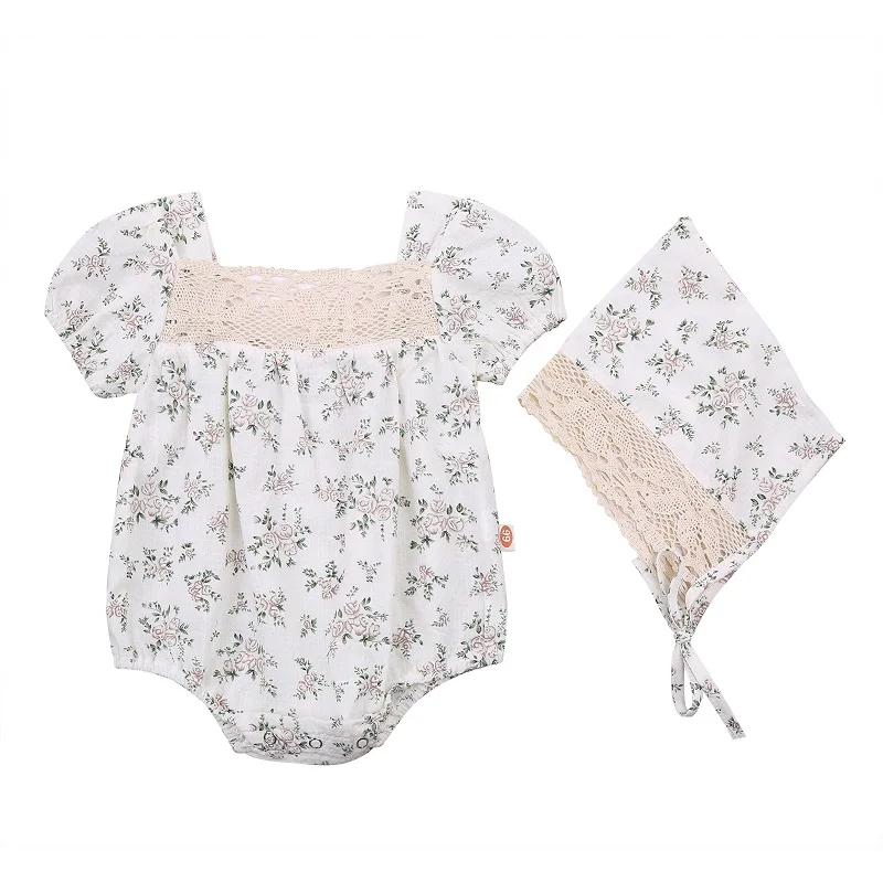 

0-24M Newborn Baby Girl Short Sleeve Lace Floral Romper Jumpsuit Hat 2PCS Outfits Summer Clothes
