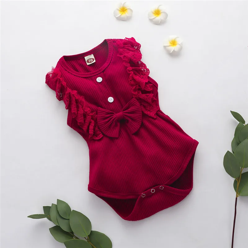 

New Fashion Newborn Baby Girl Romper Sleeveless Lace Bow KintSolid Romper Jumpsuit Summer Baby Clothes Outfits