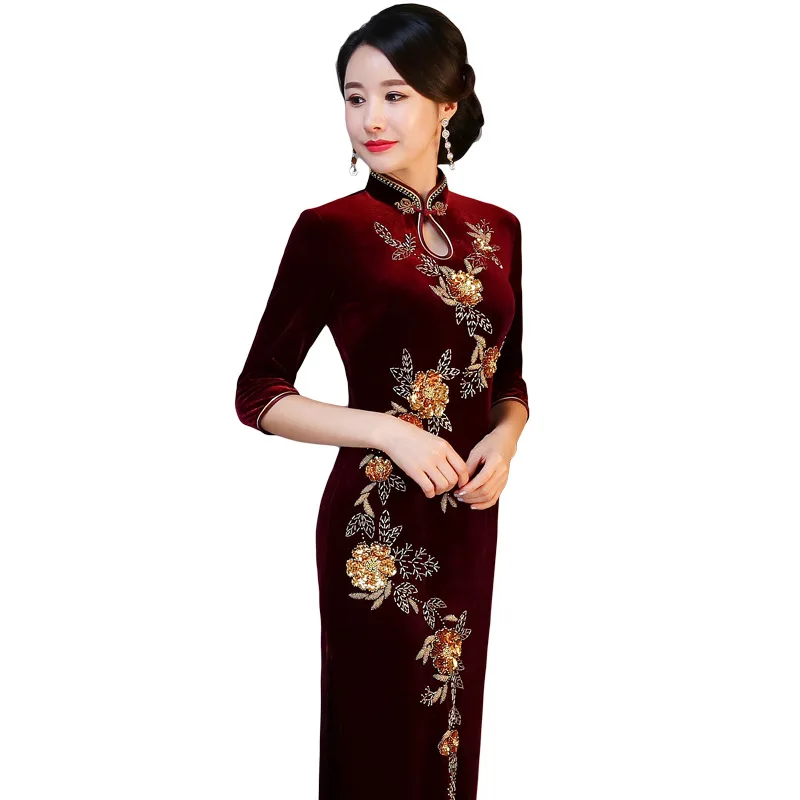 

Женское свадебное платье Qipao, традиционное китайское платье Ципао с блестками и бисером, платье с длинным рукавом 3/4 для матери невесты