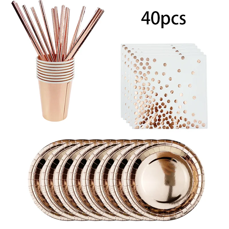 Розовое золото вечерние столовые приборы бумажная тарелка соломки для дней
