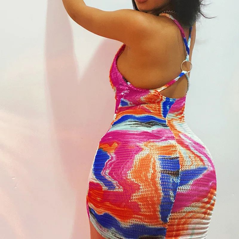 

CIBBAR Tie Dye New Criss Cross Halter Mini Dress Summer Sexy V Neck Sleeveless Bodycon Short Dresses Backless Vintage Clubwear