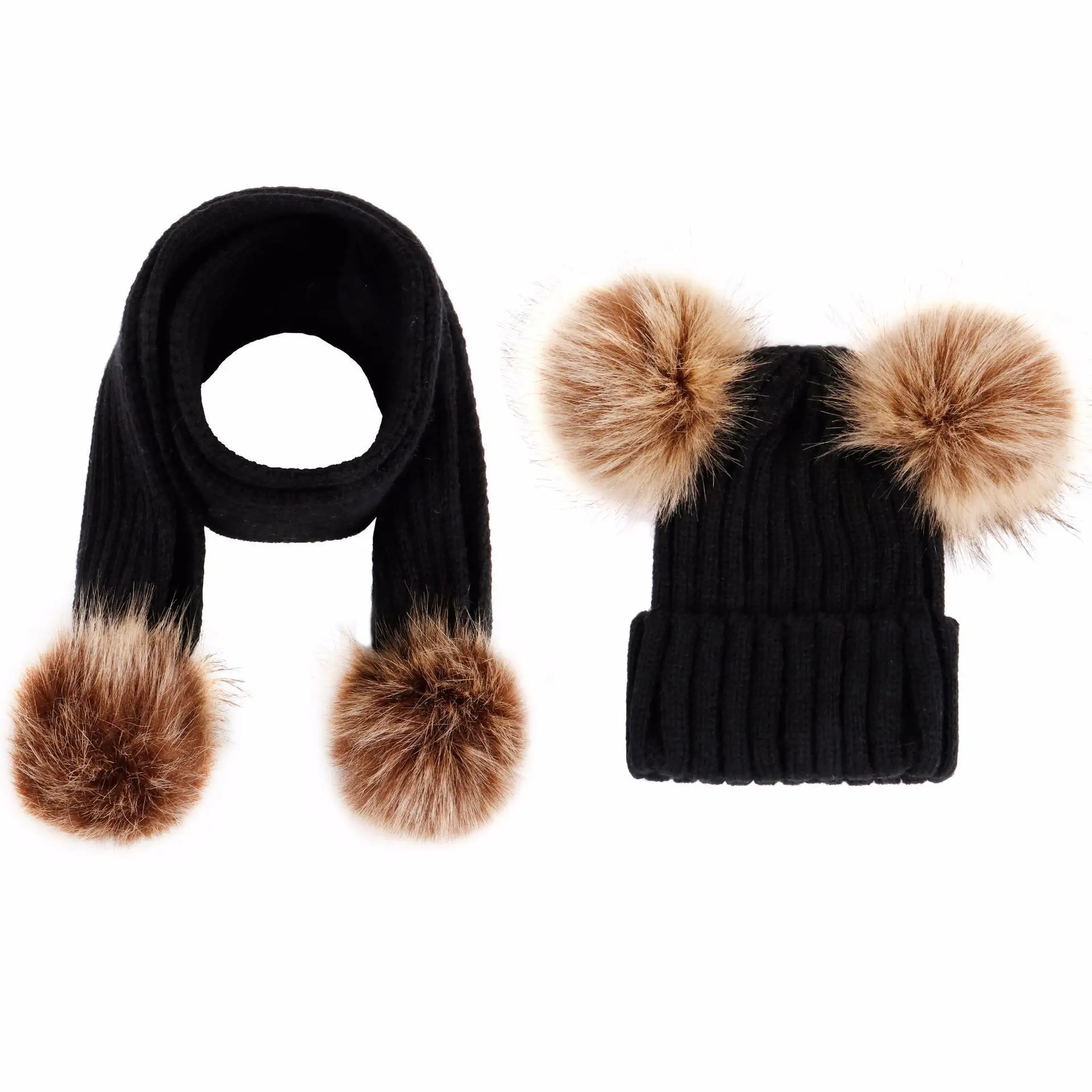 Шерстяные детские шапки с двумя помпонами вязаные суперимитация енота шарф